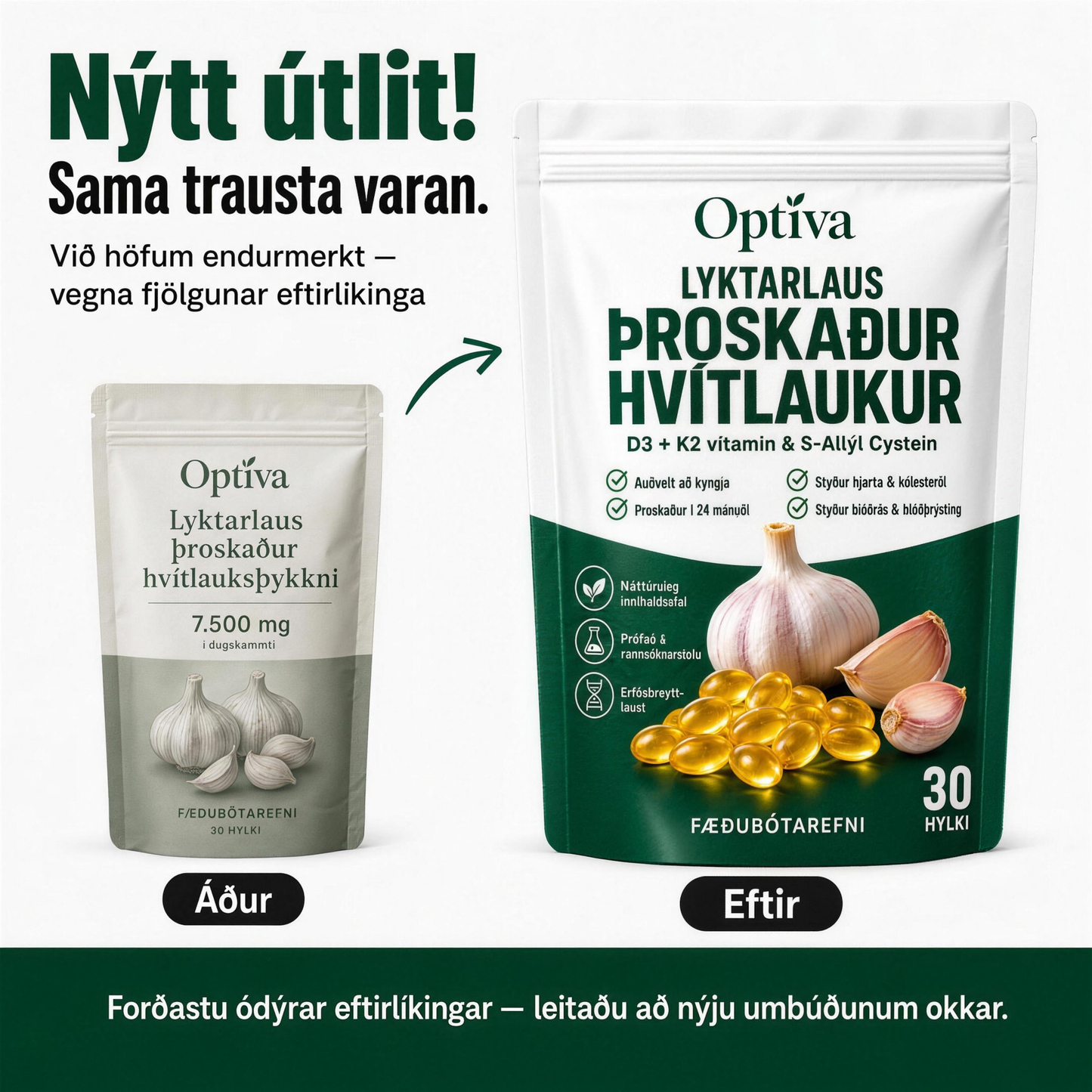 Optiva® Þroskað Hvítlauksþykkni – 7500 mg – Lyktarlaus hylki