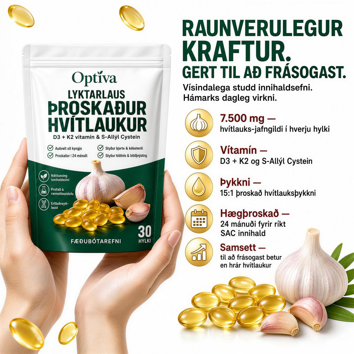 Optiva® Þroskað Hvítlauksþykkni – 7500 mg – Lyktarlaus hylki